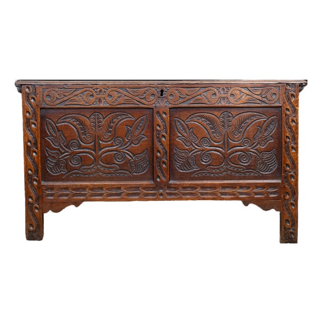 17th Century Carved Oak Coffer For Sale