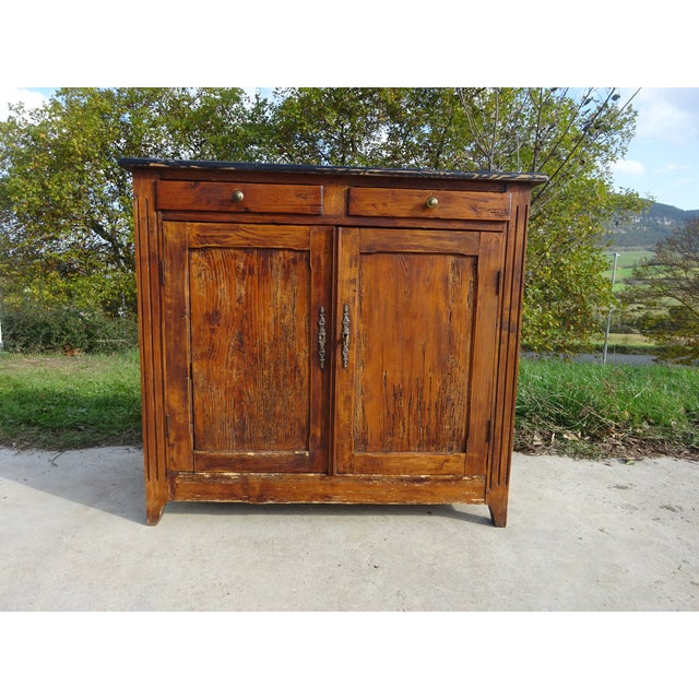 Very old Parisian sideboard, all solid wood, simple and straight, oak color. 2 cm thick pine top. Two drawers with solid...