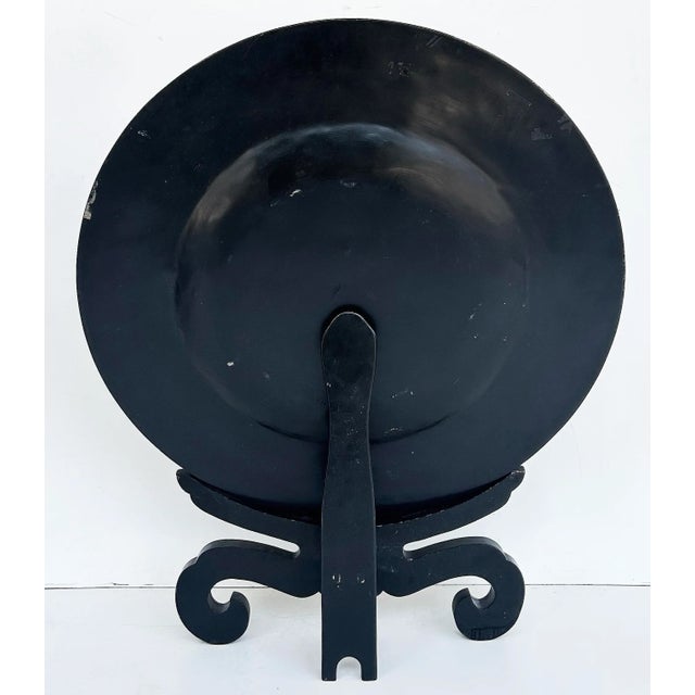 Black Large Late 20th Century Asian Black Lacquer Gilt Wood "Bird" Charger on Stand, Hand Painted For Sale - Image 8 of 9