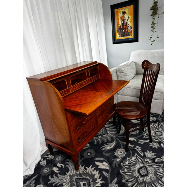 Traditional 1970s Traditional Roll-Top Secretary Desk With Mother-of-Pearl Inlay Chair For Sale - Image 3 of 12