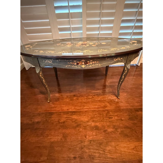 Italian handcrafted marquetry coffee table in unique Santorini Blue (more grayish than blue). Accent colors include cream,...