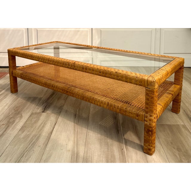 Mid-Century Two-Tier Woven Rattan & Cane Coffee Table With Glass Top For Sale - Image 13 of 15
