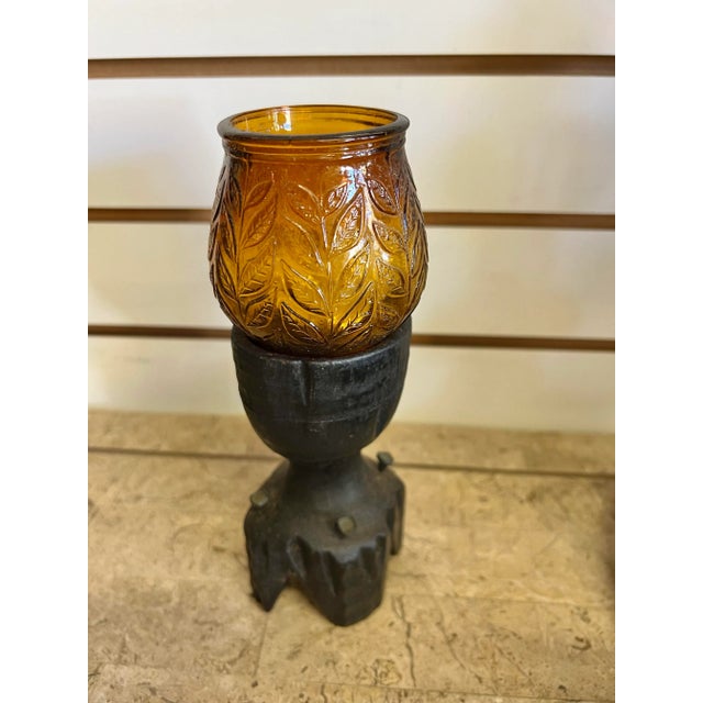 Gothic Vintage Wooden Candle Holder With Glass Chimney For Sale - Image 3 of 6