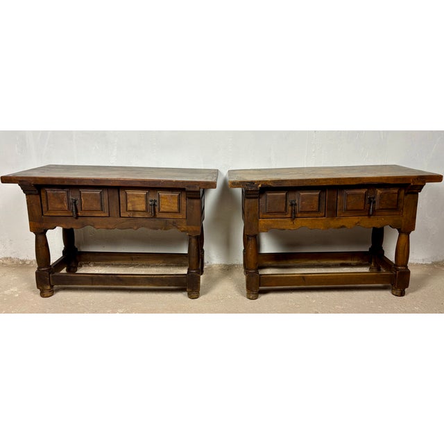 Antique Spanish Rustic Oak Side Tables with Drawers, 1900s, Set of 2 For Sale - Image 4 of 14