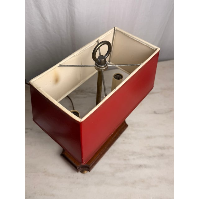 Wood Vintage 2-Light French Bouillotte Style Table Lamp With Red Shade, Antique Brass & Wood Desk Lamp For Sale - Image 7 of 17