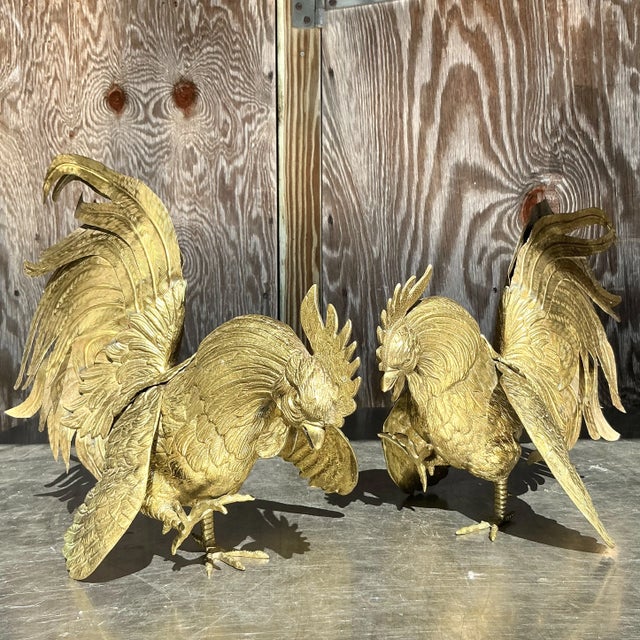 Brass Vintage Boho Brass Roosters - a Pair For Sale - Image 8 of 11