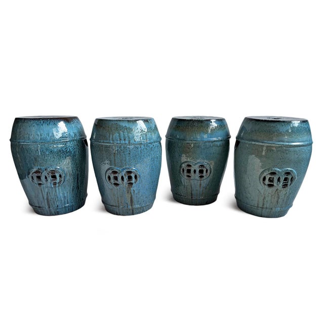 Late 20th Century Vintage Ocean Blue Ceramic Garden Stool For Sale - Image 5 of 9