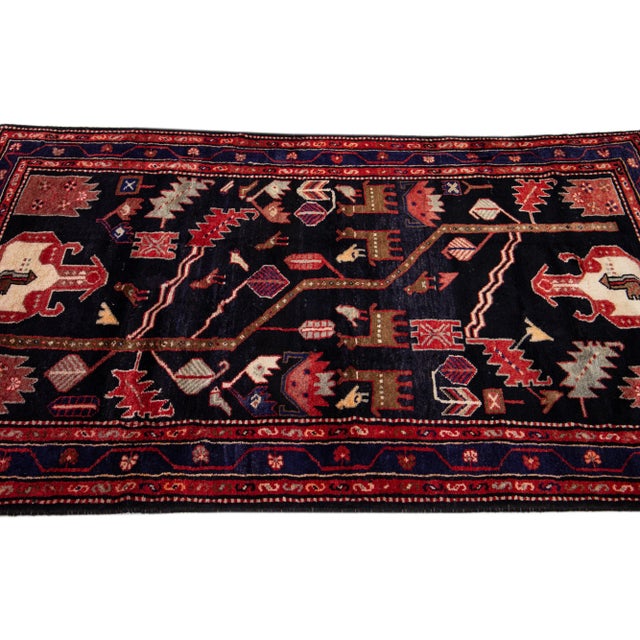 1960s 1960s Vintage Malayer Handmade Pictorial Navy Blue Wool Rug For Sale - Image 5 of 7
