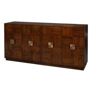 Contemporary Parquet Sideboard, 86" - Warm Brown Walnut with Square Brass-Tone Pulls For Sale