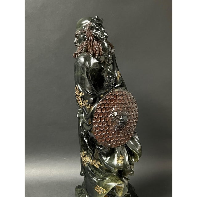 Chinese Art Large Carved Dark Green Soapstone Bodhidharma Statue For Sale - Image 9 of 13