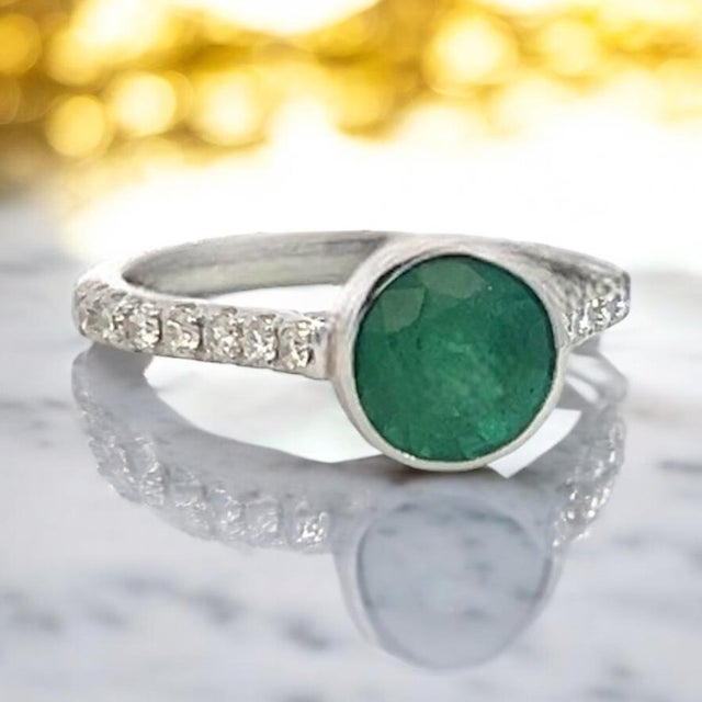 Traditional Natural Emerald Diamond Ring Size 6.5 14k W Gold 1.93 TCW Certified For Sale - Image 3 of 11