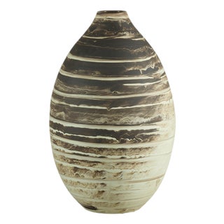 Large Artisan Ceramic Vase with Cream and Brown Striped Glaze For Sale