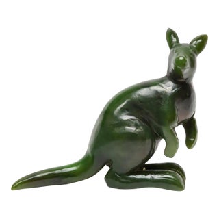Vintage Canadian Nephrite Kangaroo Figurine, Hand-Carved Green Stone Sculpture, 1980s For Sale