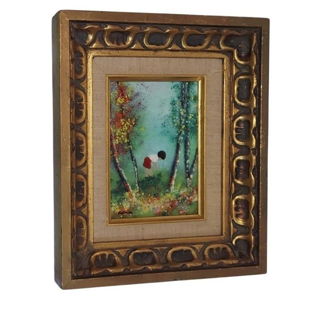Late 20th Century Fleming Child in the Woods Red Shorts Painting Enamel on Copper Framed Vertical For Sale - Image 4 of 9