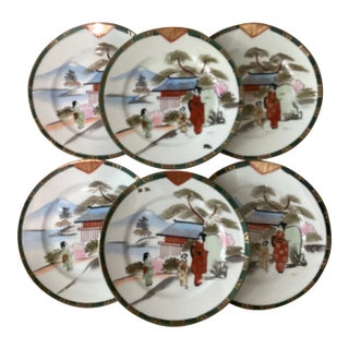 Vintage Japanese Handmade Hand Painted Porcelain Plates Set by Kutani Artist Signed- Set of 6 For Sale