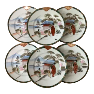 Vintage Japanese Handmade Hand Painted Porcelain Plates Set by Kutani Artist Signed- Set of 6