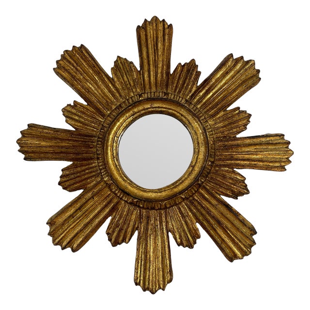 1950s Italian 14.5" Giltwood Sunburst Wall Mirror For Sale