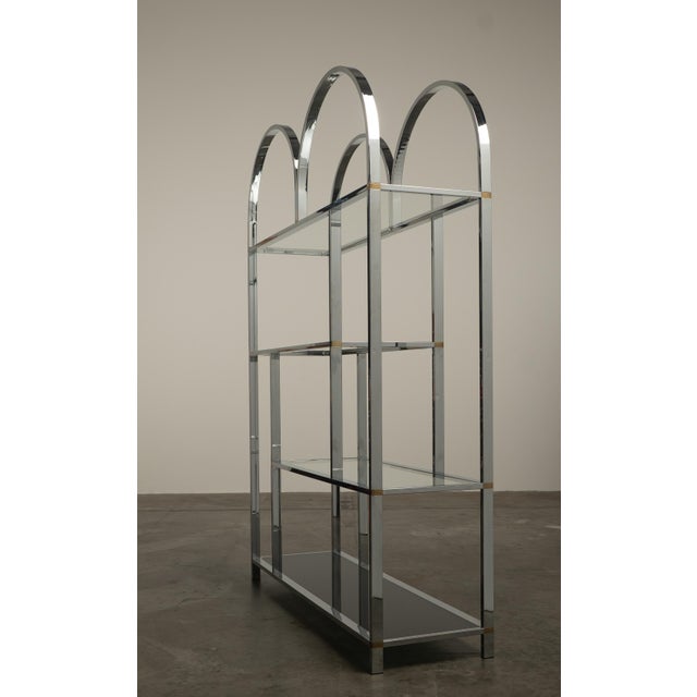 Milo Baughman 1970s Chrome Glass Brass Etagere Mixed Metal Glam Display Shelf Baughman For Sale - Image 4 of 16