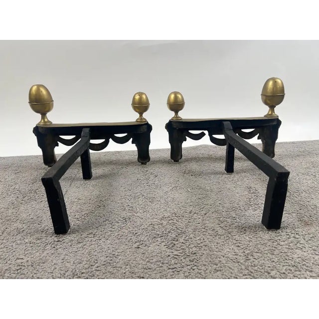 Vintage French Louis XVI Brass Andirons With Acorn Finials & Swag Detail, a Pair For Sale - Image 4 of 9