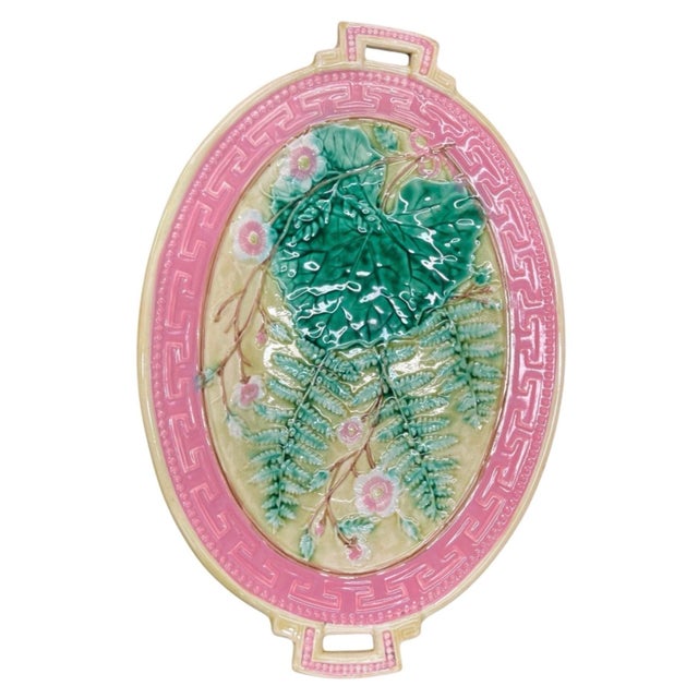 2000 - 2009 Antique Victorian Majolica Oval Pedestal Dish With Botanical & Greek Key Motif For Sale - Image 5 of 12
