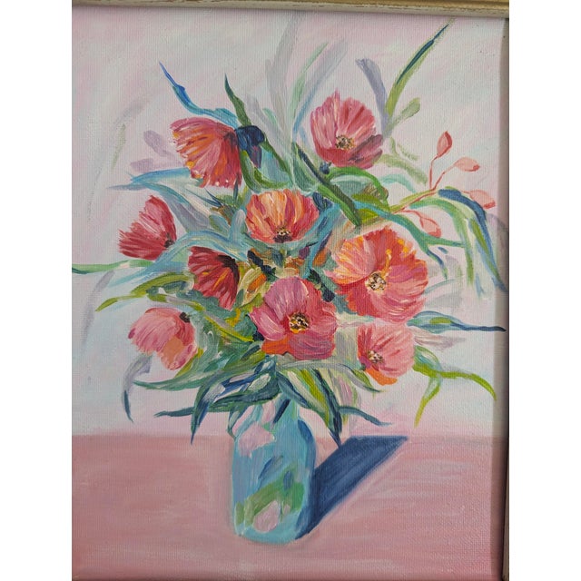 Pink and Blue Still Life Vase with Flowers Painting on Canvas Framed Unsigned by the Artist, Cyndi