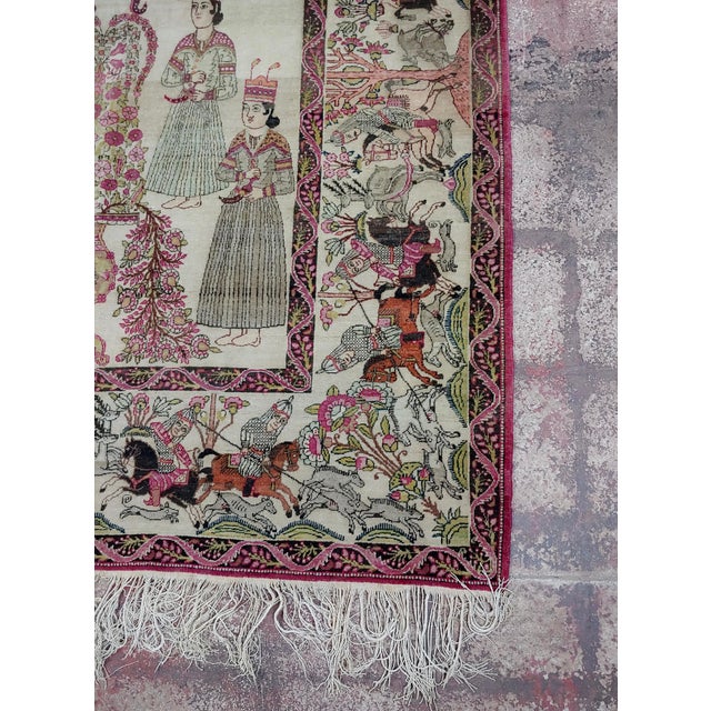 19th Century Exquisite Persian Silk Kerman "Nader Shah" Pictorial Rug For Sale - Image 9 of 11
