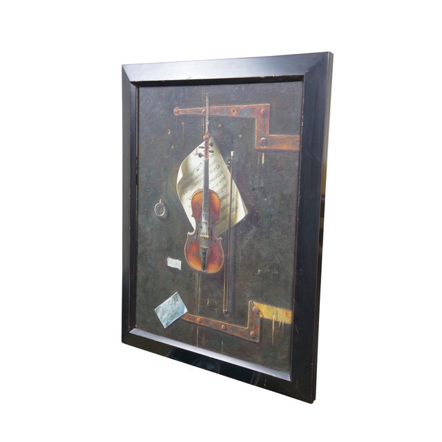 American The Old Violin Still Life Oil Painting After William Michael Harnett Framed 28" For Sale - Image 3 of 12