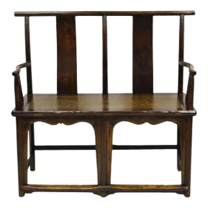 Vintage Chinese Elm Lacquered Cane Double Chairback Hall Bench