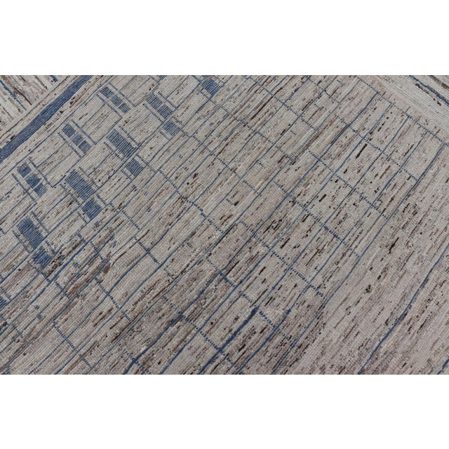 Modern Hand-Knotted Rug in Wool With Sub-Geometric Design in Blue and Cream 10'6 X 14'2 For Sale - Image 12 of 12