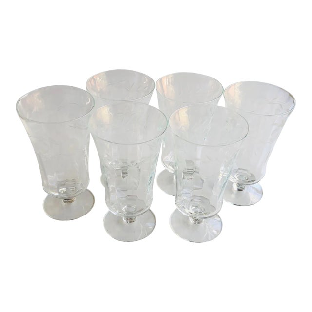 Vintage Clear Floral Etched Juice Glasses S/6 For Sale