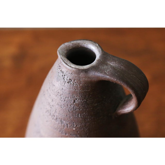 Mid-Century Modern Studio Ceramic Brown Earthenware Jug Vase With Handle C 1970 For Sale - Image 3 of 5