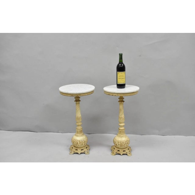 Vintage Hollywood Regency Small Metal Pedestal Base Round Marble Top Drinks Side Tables - a Pair. Circa Mid 20th Century....