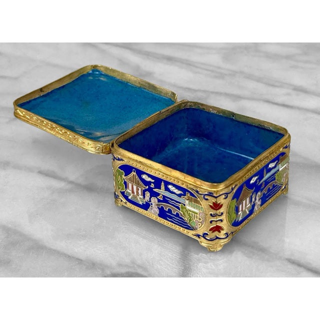 Vintage Chinese Cloisonne Brass & Enamel Figural Storage Box For Sale - Image 4 of 6
