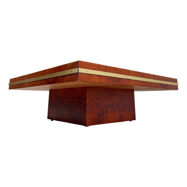 Mid-Century Modern Italian Square Coffe Table in Burl Wood and Brass, 1970s For Sale