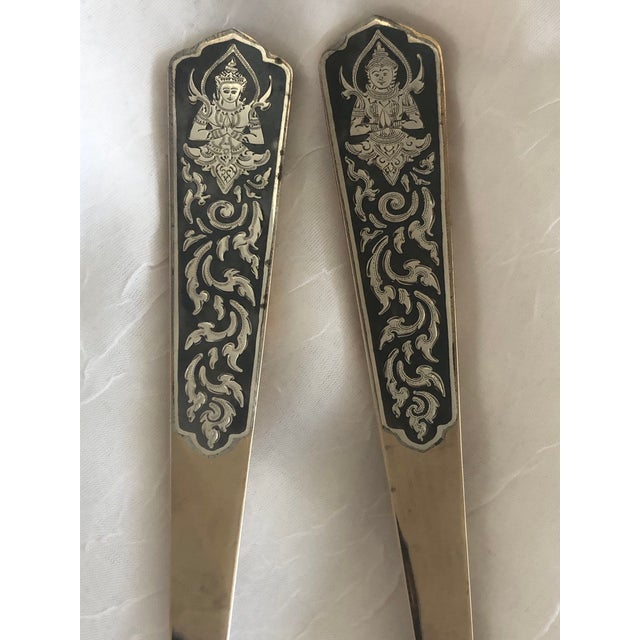 Brass Vintage Siam Engraved Sterling Silver and Brass Serving Utensils Thailand For Sale - Image 8 of 9
