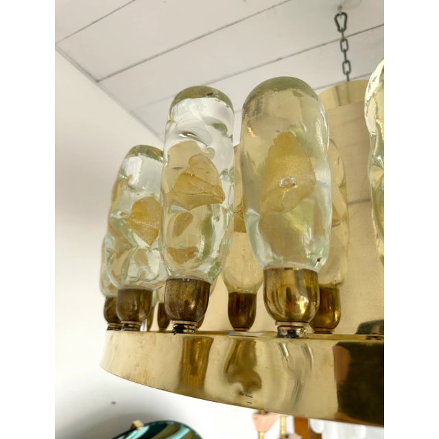 Mid-Century Modern Contemporary Brass Chandelier and Murano Glass Gold Leaf Flame , Italy For Sale - Image 3 of 12