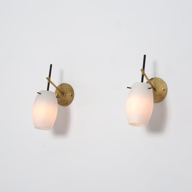 Mid-Century Italian Wall Sconces in Brass, Black Lacquer and Opaline Glass, 1950s, Set of 2 For Sale - Image 6 of 11