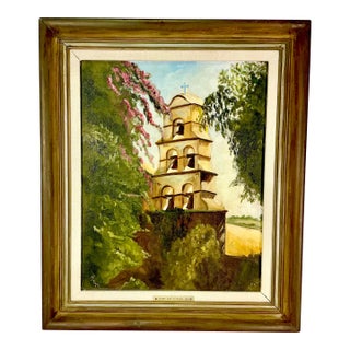 1982 Vintage Impressionist Landscape Architecture Bell Tower Original Oil Painting by Kay McCrabb For Sale