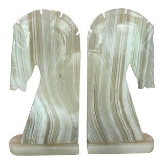 XL Horse Head Solid Onyx Stone Bookends - a Pair For Sale