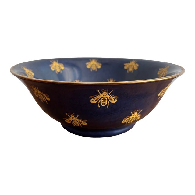 1990s Porcelain Gold and Navy Blue Bee Bowl For Sale
