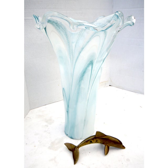 Tall 15.5” Murano Italian Blown Glass Fazzoletto Lily Vase – Aqua Alabastro Swirl For Sale - Image 14 of 14