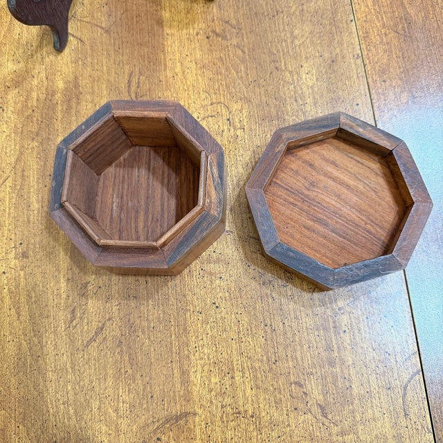 Indian Rosewood Octagonal Wood Trinket Box Brass Inlay Floral Carved India 4in For Sale - Image 9 of 9