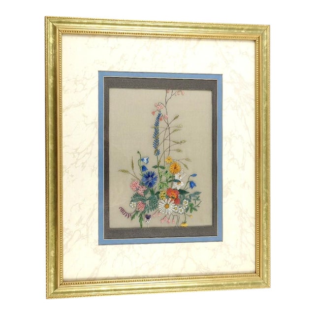 Mid-Century Framed Silk Needlework Botanical Wildflower Art For Sale