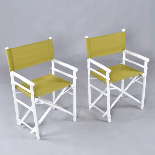 Boho Chic Set of 4 Vintage White Rattan Bamboo Canvas Sling Folding Directors Chairs For Sale - Image 3 of 16