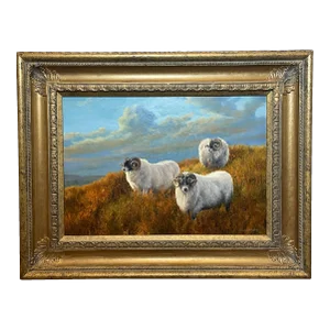 Vintage British Oil Painting Portrait of Three Sheep in Scottish Highlands, Framed