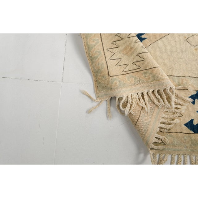 Turkish Vintage Turkish Area Rug, 9'0" X 6'6" Hand-Knotted Geometric Oushak Carpet, Cream and Blue Decorative Wool and Cotton Blend Rug For Sale - Image 3 of 10