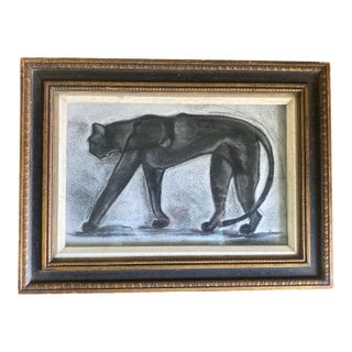 Folk Art Style Original Framed and Signed Charcoal Drawing of a Black Cat For Sale