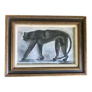Folk Art Style Original Framed and Signed Charcoal Drawing of a Black Cat