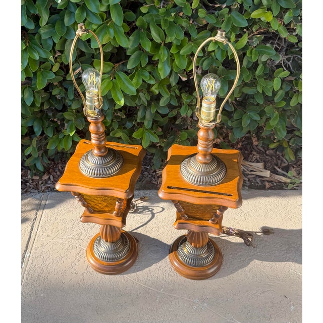 Traditional Vintage Matching Wood Table Lamps With Amber Glass Night Lights - a Pair For Sale - Image 3 of 12
