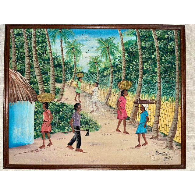 Haiti folk art painting rural town scene. Colorful everyday life interpretation by Alan D. Framed 15"x13" 10 x 8" canvas